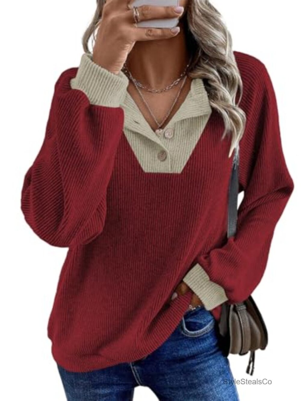 Plus Size Sweatshirt Button V Neck Colorblock Oversized Pullover Top